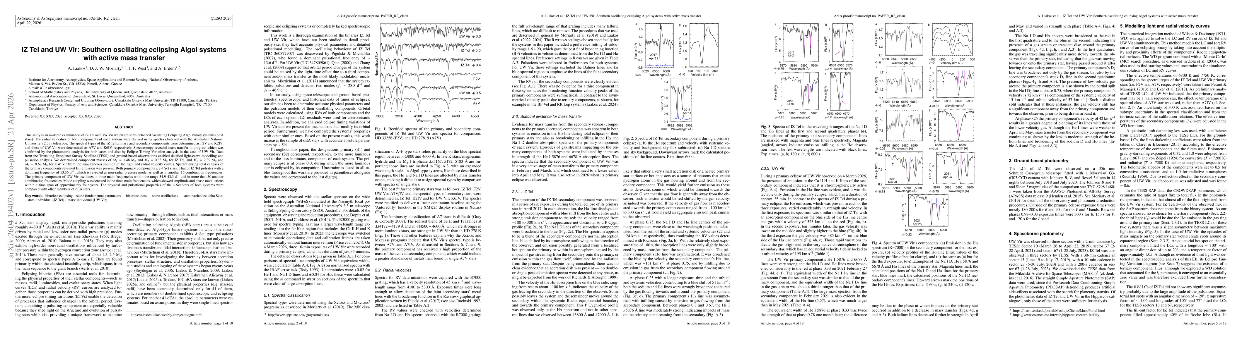 Thumbnail for IZ Tel and UW Vir: Southern oscillating eclipsing Algol systems with active mass transfer
