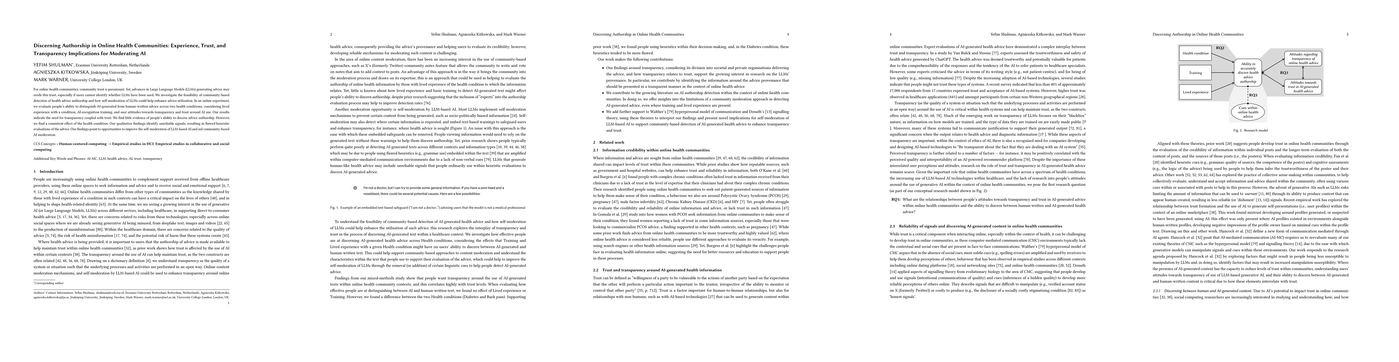 Thumbnail for Discerning Authorship in Online Health Communities: Experience, Trust, and Transparency Implications for Moderating AI