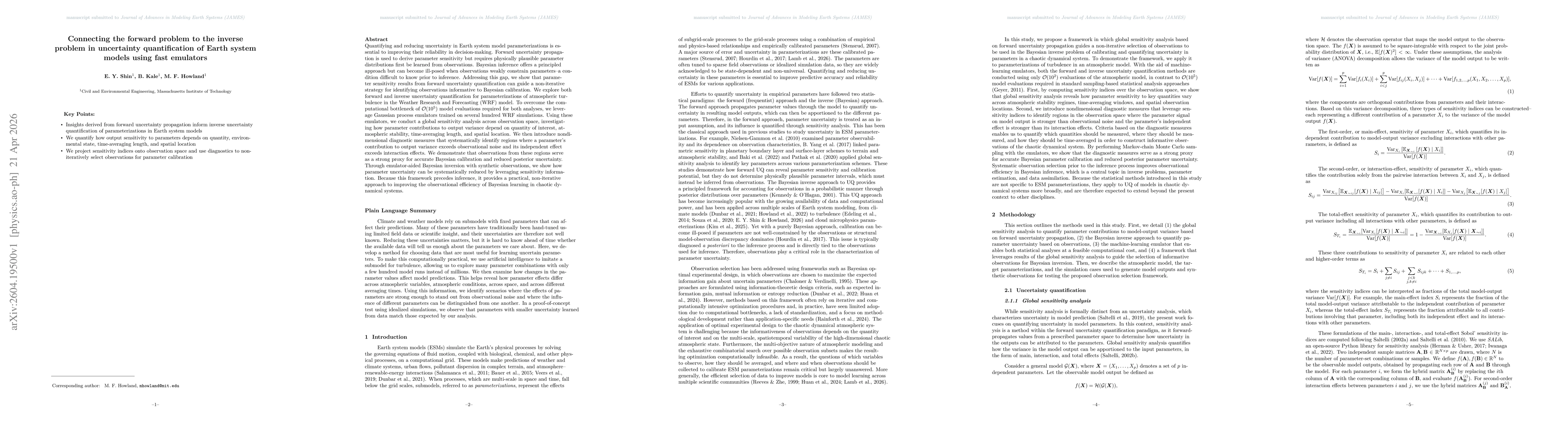 Thumbnail for Connecting the forward problem to the inverse problem in uncertainty quantification of Earth system models using fast emulators