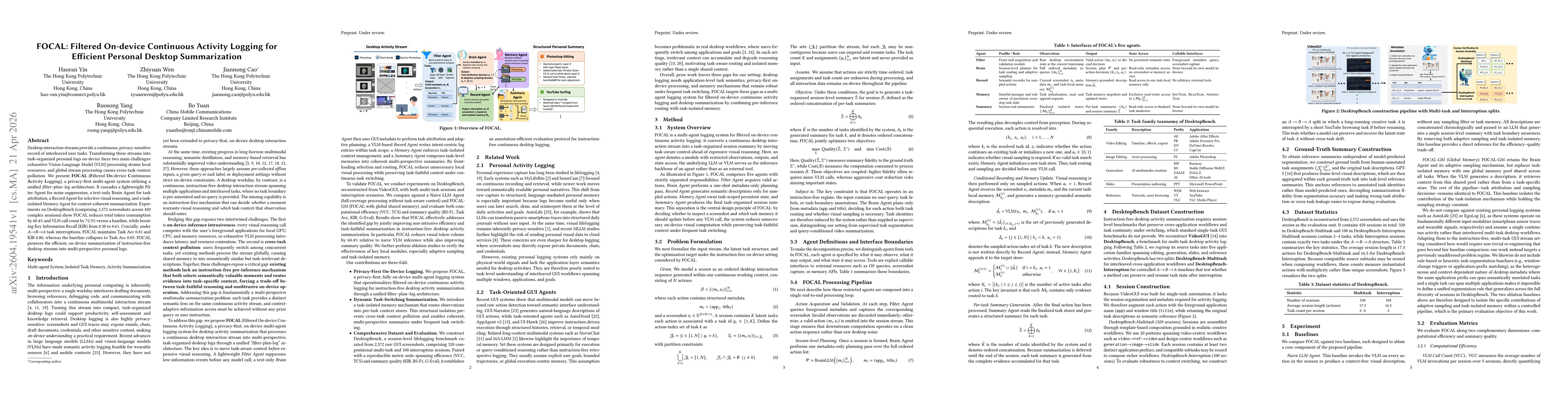 Thumbnail for FOCAL: Filtered On-device Continuous Activity Logging for Efficient Personal Desktop Summarization