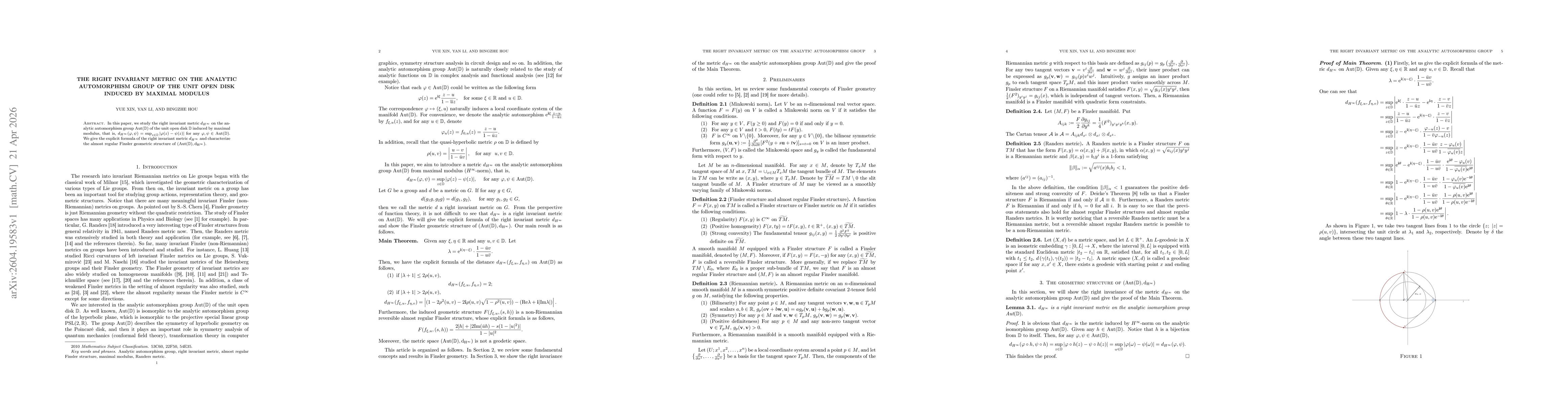 Thumbnail for The right invariant metric on the analytic automorphism group of the unit open disk induced by maximal modulus