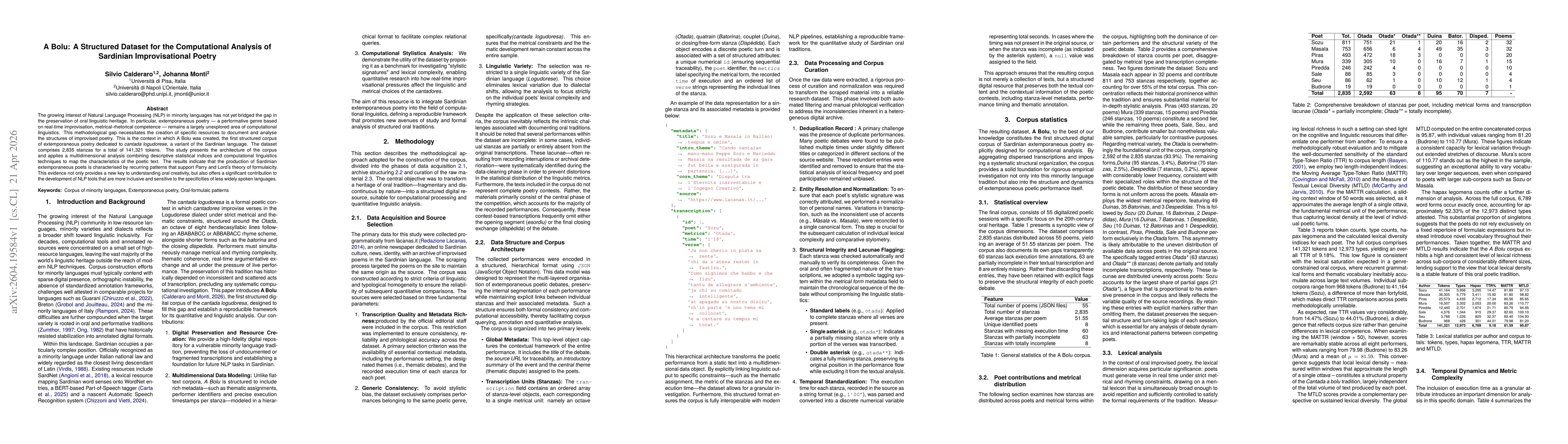 Thumbnail for A Bolu: A Structured Dataset for the Computational Analysis of Sardinian Improvisational Poetry