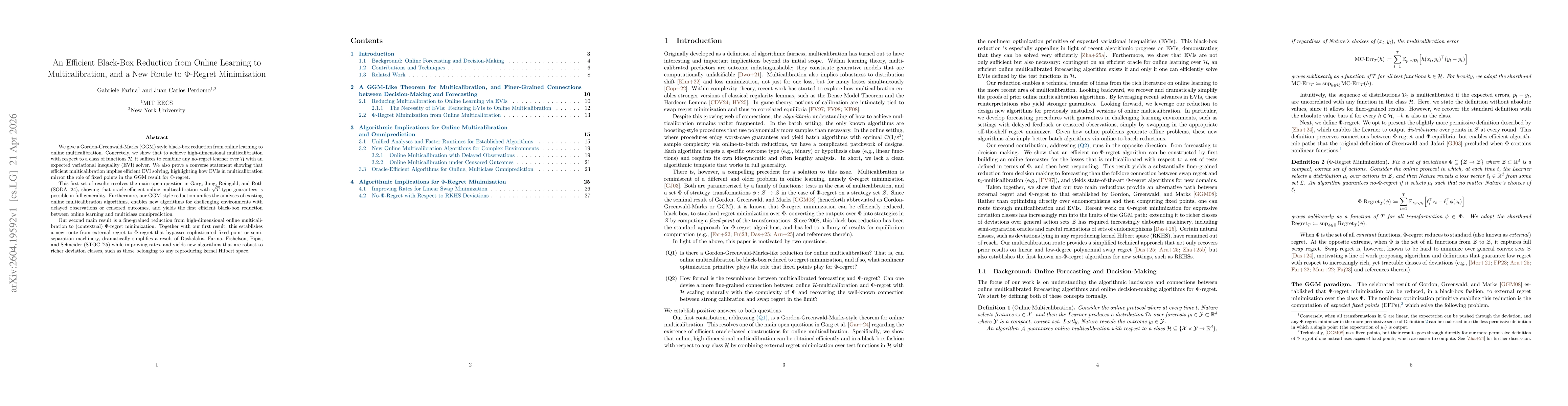 Thumbnail for An Efficient Black-Box Reduction from Online Learning to Multicalibration, and a New Route to $Φ$-Regret Minimization