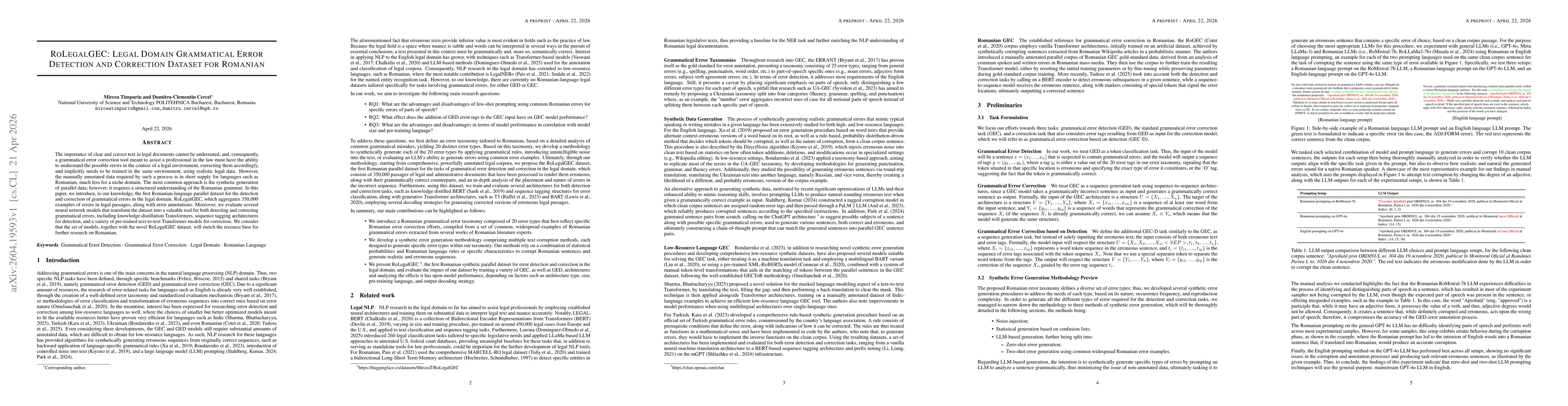 Thumbnail for RoLegalGEC: Legal Domain Grammatical Error Detection and Correction Dataset for Romanian