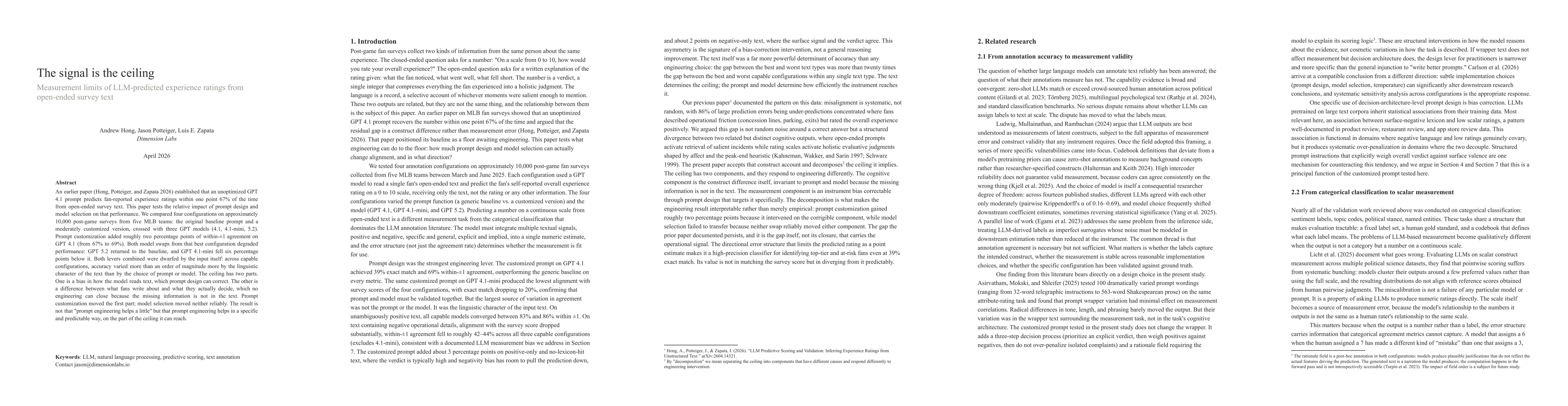 Thumbnail for The signal is the ceiling: Measurement limits of LLM-predicted experience ratings from open-ended survey text