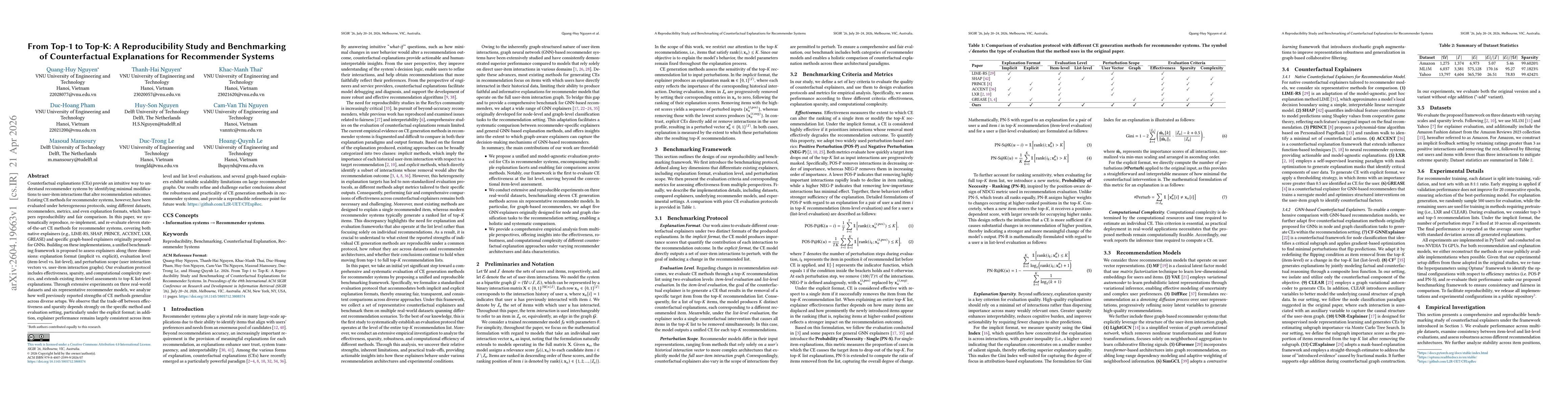 Thumbnail for From Top-1 to Top-K: A Reproducibility Study and Benchmarking of Counterfactual Explanations for Recommender Systems
