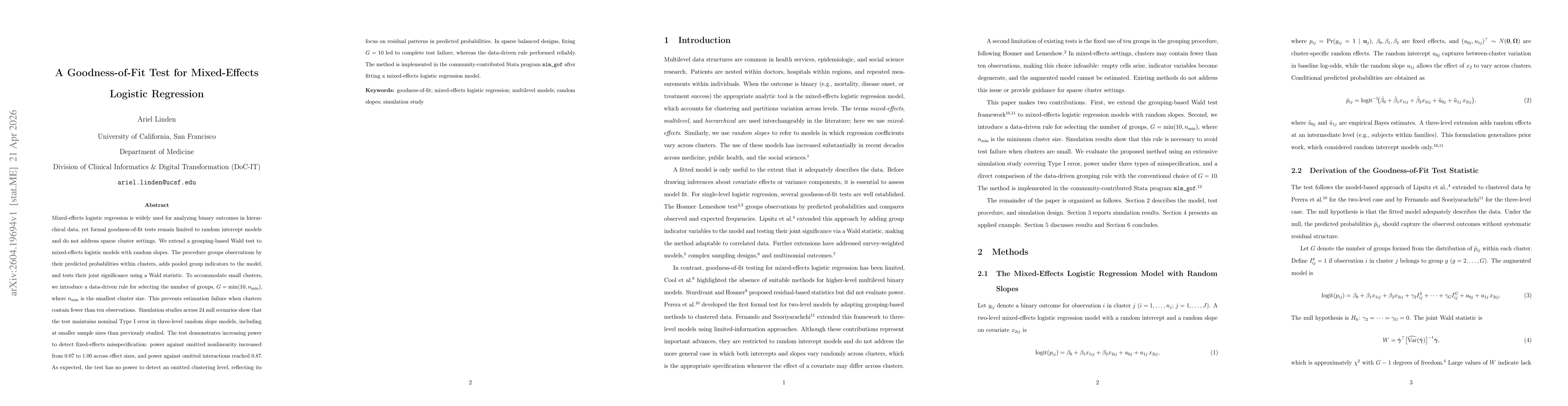 Thumbnail for A Goodness-of-Fit Test for Mixed-Effects Logistic Regression