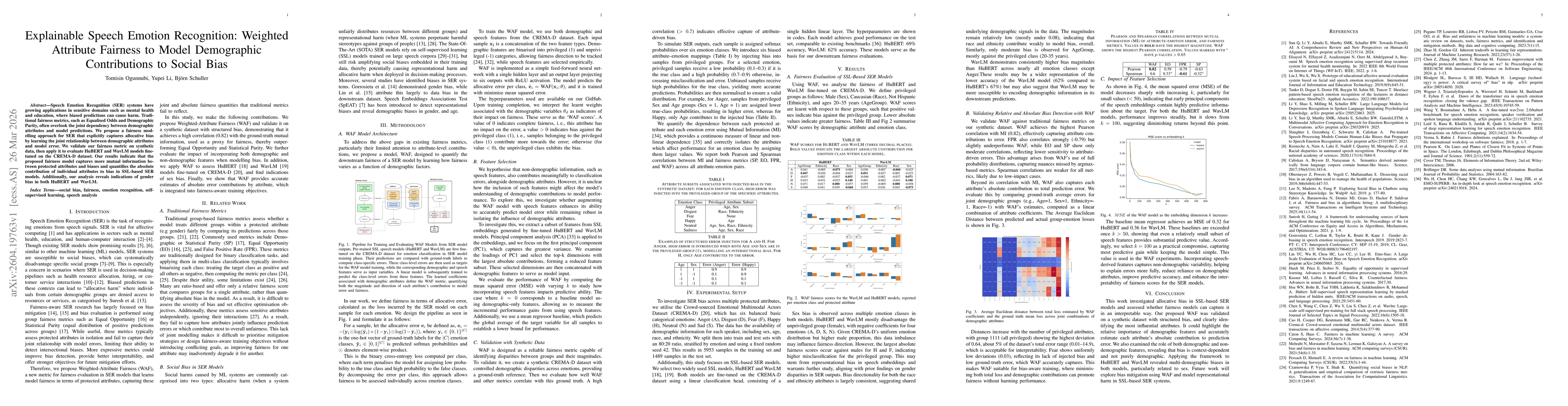 Thumbnail for Explainable Speech Emotion Recognition: Weighted Attribute Fairness to Model Demographic Contributions to Social Bias