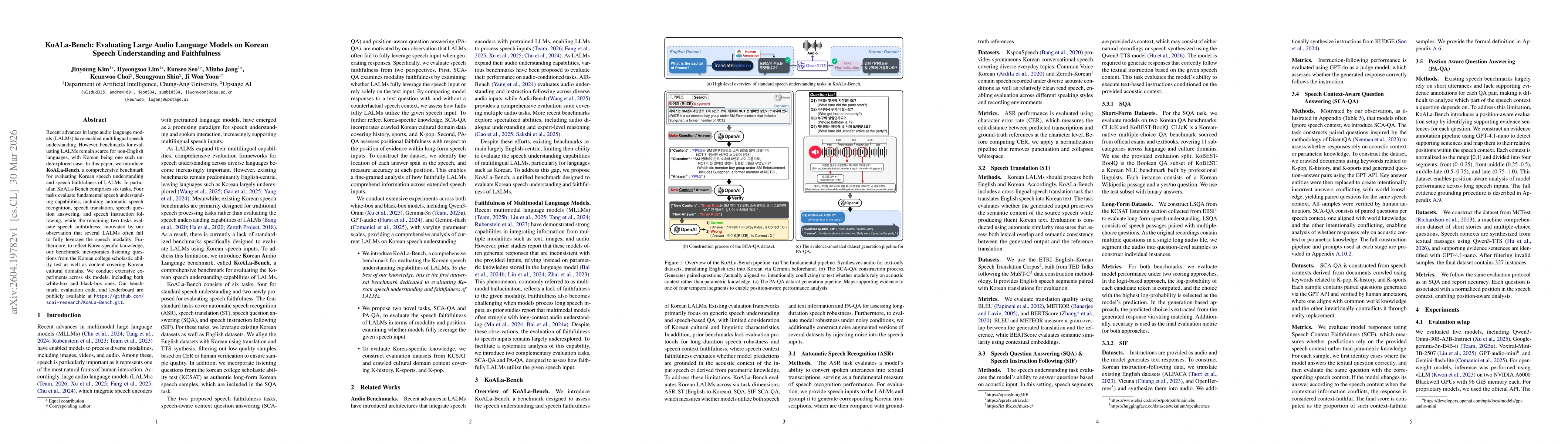 Thumbnail for KoALa-Bench: Evaluating Large Audio Language Models on Korean Speech Understanding and Faithfulness