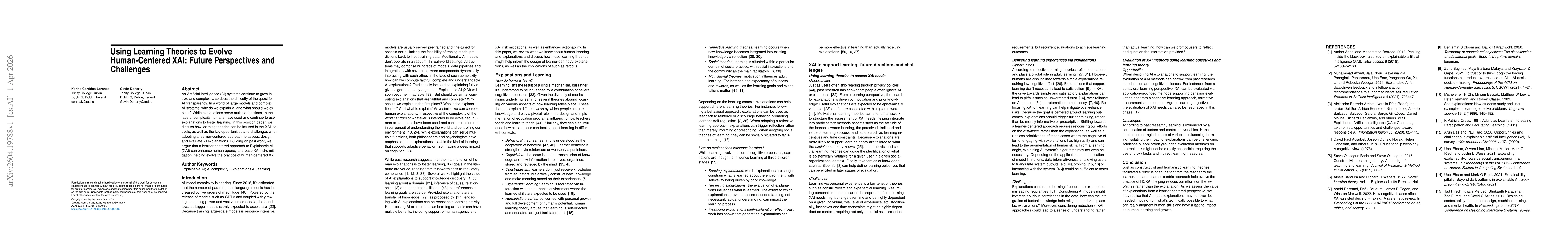 Thumbnail for Using Learning Theories to Evolve Human-Centered XAI: Future Perspectives and Challenges
