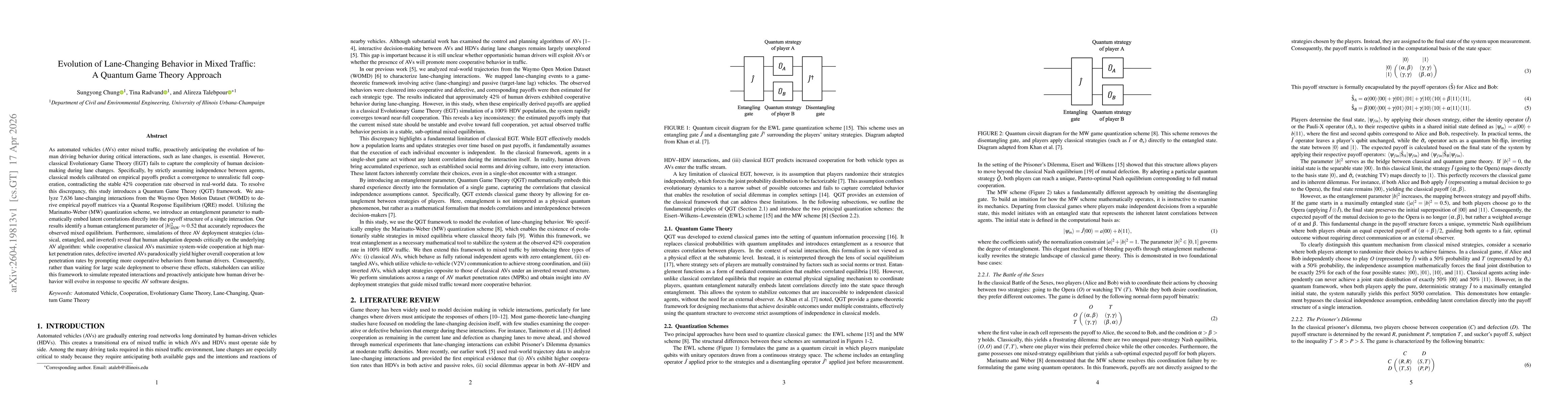 Thumbnail for Evolution of Lane-Changing Behavior in Mixed Traffic: A Quantum Game Theory Approach