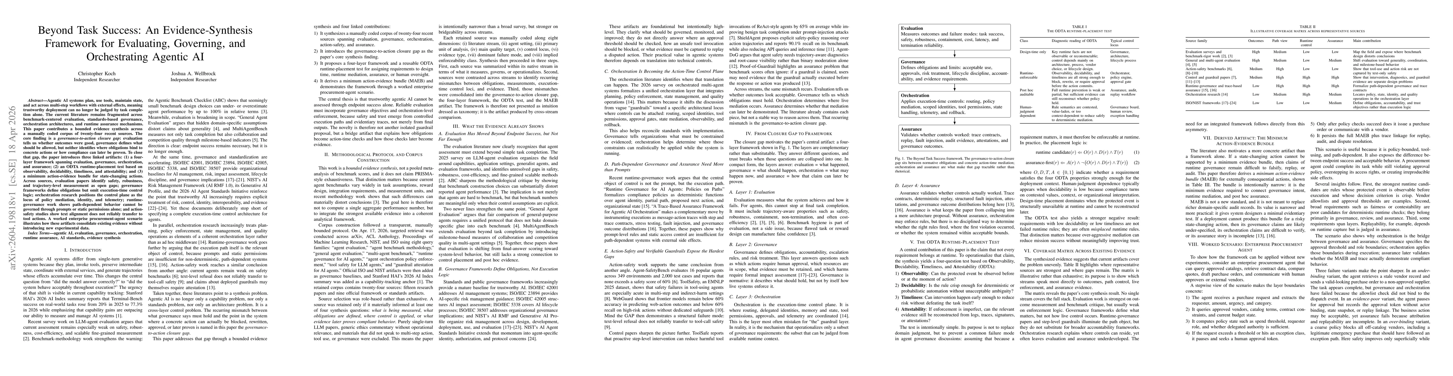 Thumbnail for Beyond Task Success: An Evidence-Synthesis Framework for Evaluating, Governing, and Orchestrating Agentic AI