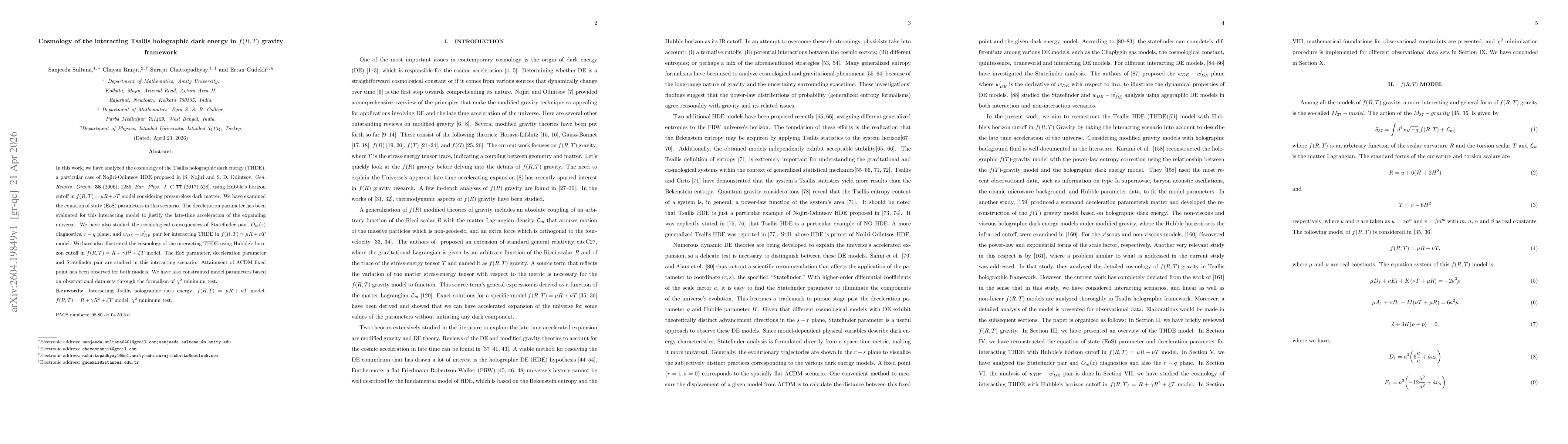 Thumbnail for Cosmology of the interacting Tsallis holographic dark energy in $f(R,T)$ gravity framework
