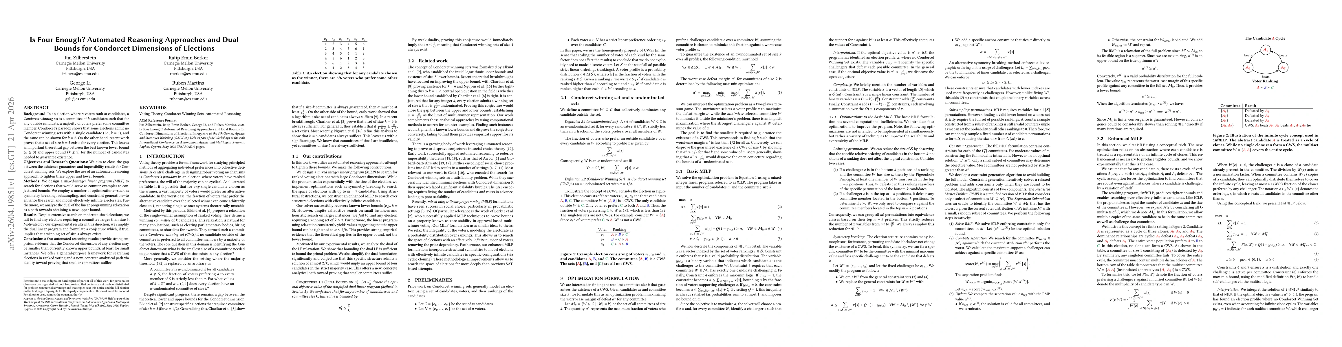 Thumbnail for Is Four Enough? Automated Reasoning Approaches and Dual Bounds for Condorcet Dimensions of Elections