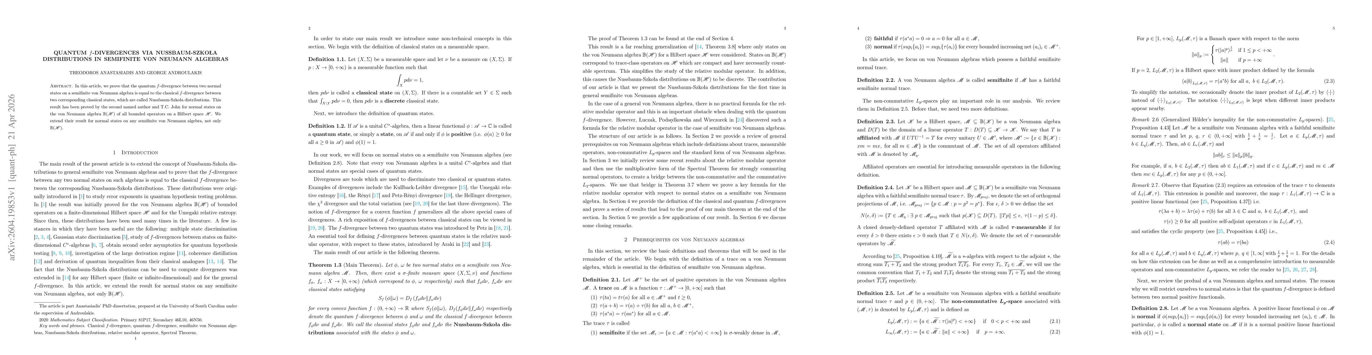 Thumbnail for Quantum $f$-divergences via Nussbaum-Szkoła Distributions in Semifinite von Neumann Algebras