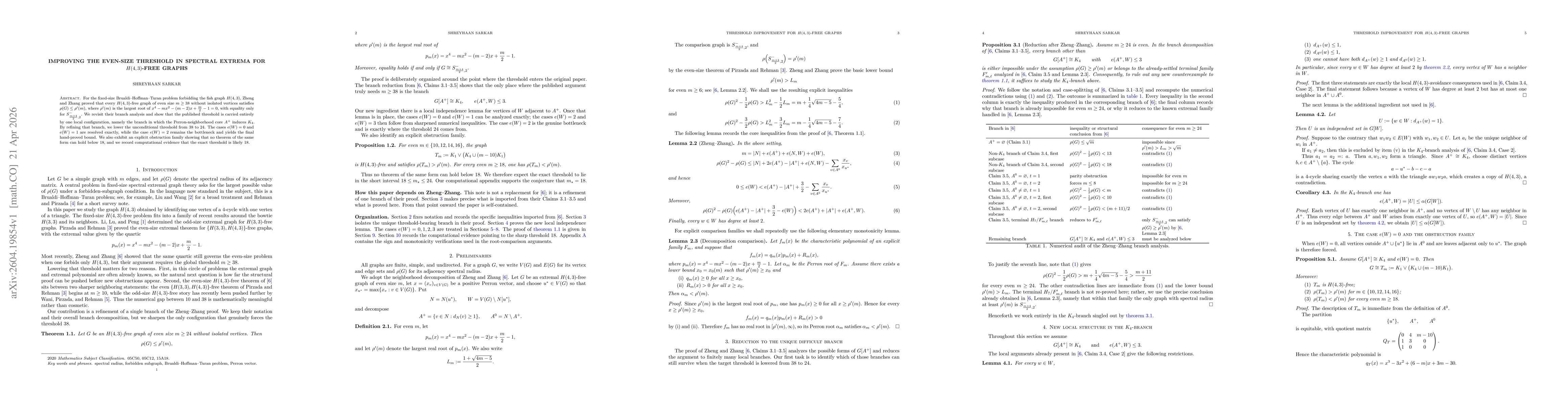 Thumbnail for Improving the Even-Size Threshold in Spectral Extrema for $H(4,3)$-Free Graphs