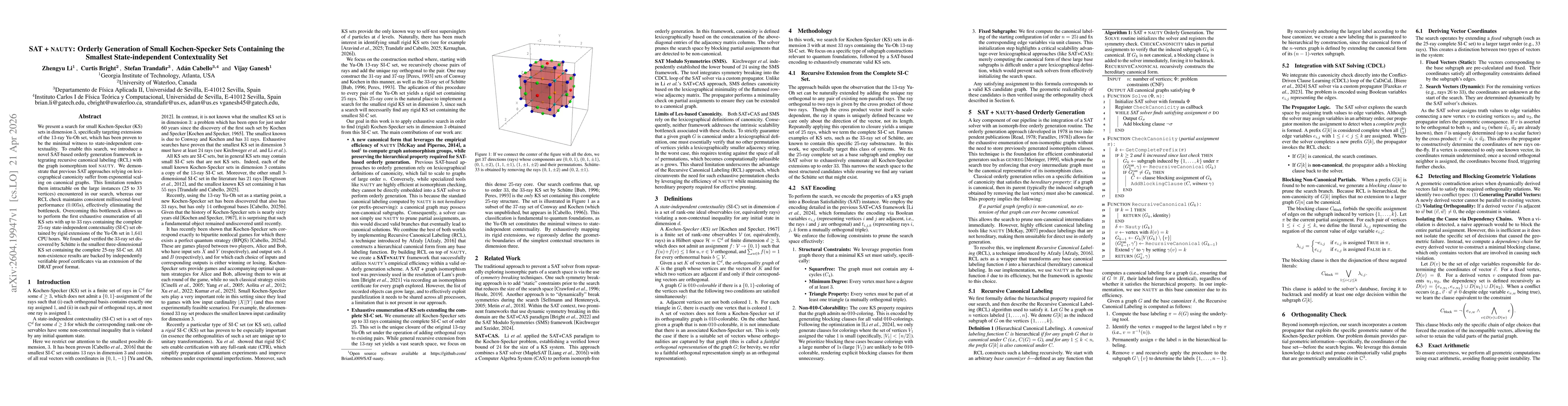 Thumbnail for SAT + NAUTY: Orderly Generation of Small Kochen-Specker Sets Containing the Smallest State-independent Contextuality Set