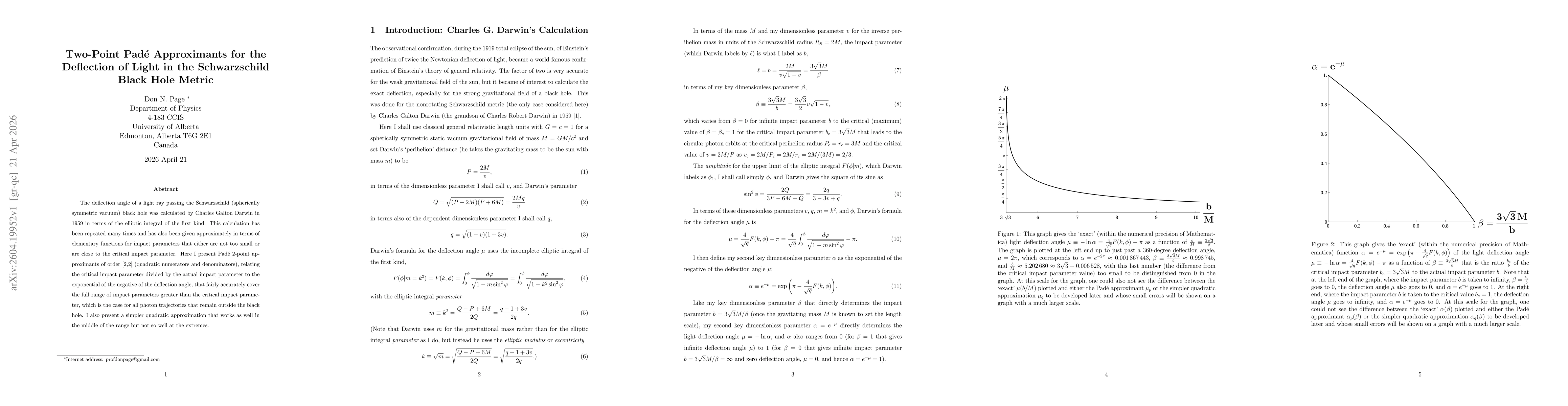Thumbnail for Two-Point Padé Approximants for the Deflection of Light in the Schwarzschild Black Hole Metric