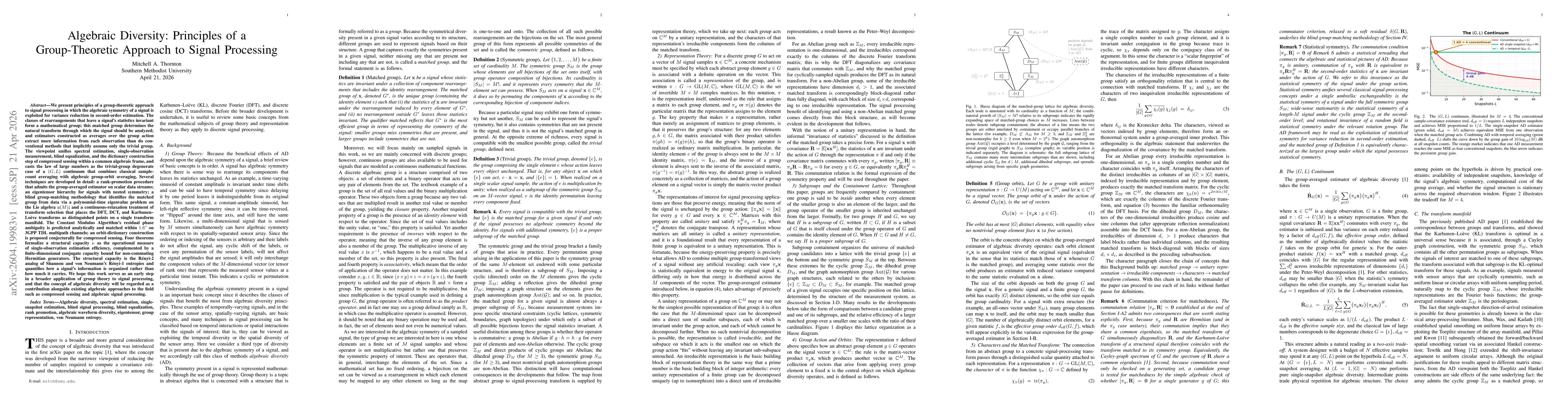 Thumbnail for Algebraic Diversity: Principles of a Group-Theoretic Approach to Signal Processing