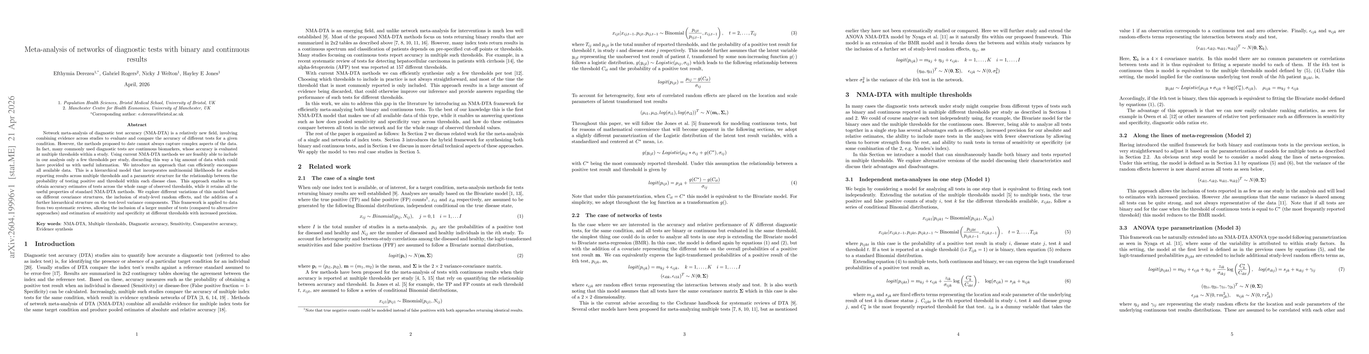 Thumbnail for Meta-analysis of networks of diagnostic tests with binary and continuous results