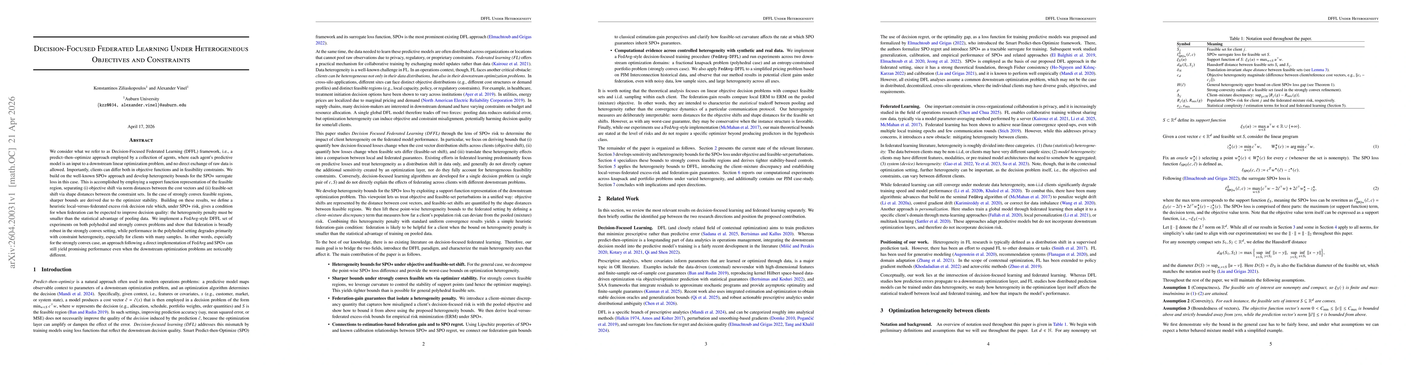 Thumbnail for Decision-Focused Federated Learning Under Heterogeneous Objectives and Constraints