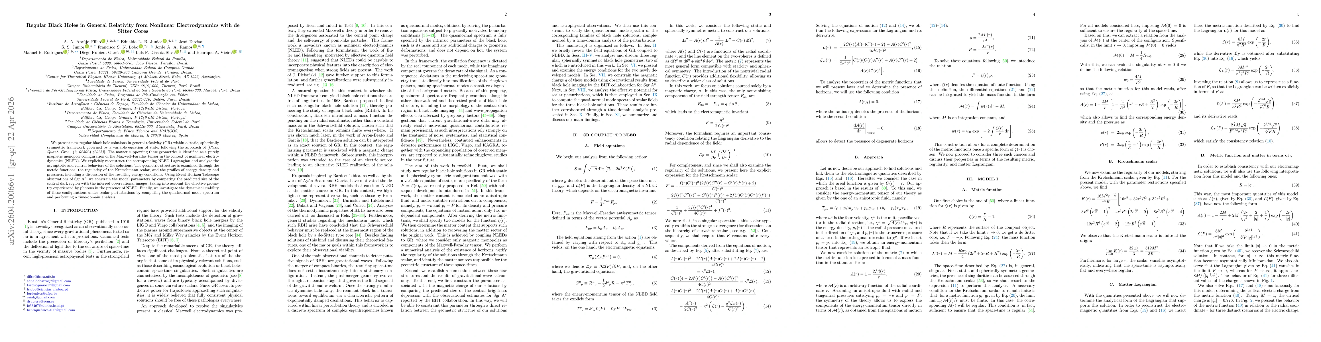 Thumbnail for Regular Black Holes in General Relativity from Nonlinear Electrodynamics with de Sitter Cores