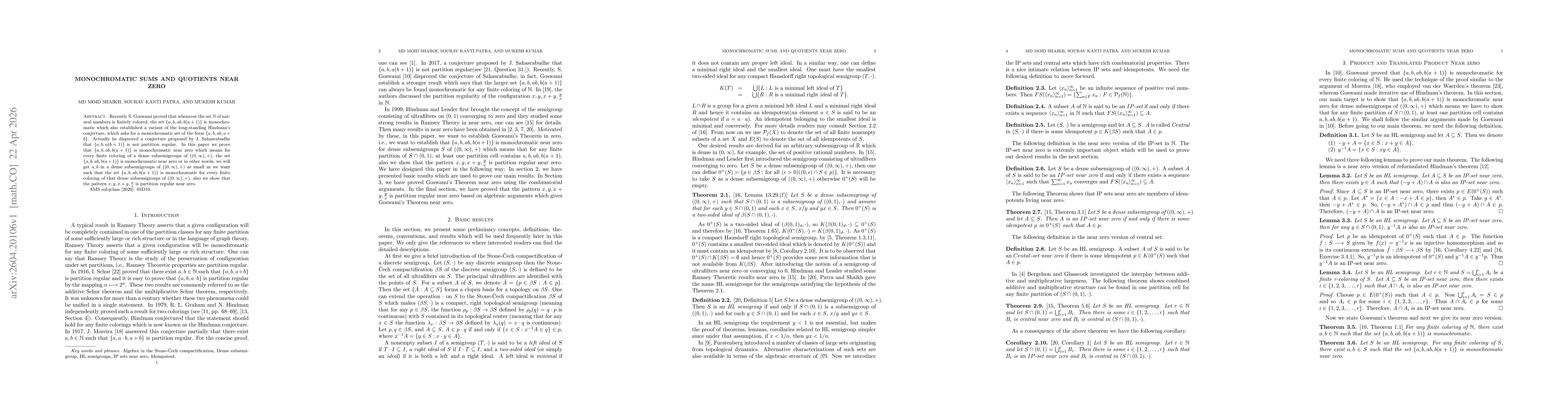Thumbnail for Monochromatic Sums and Quotients Near Zero