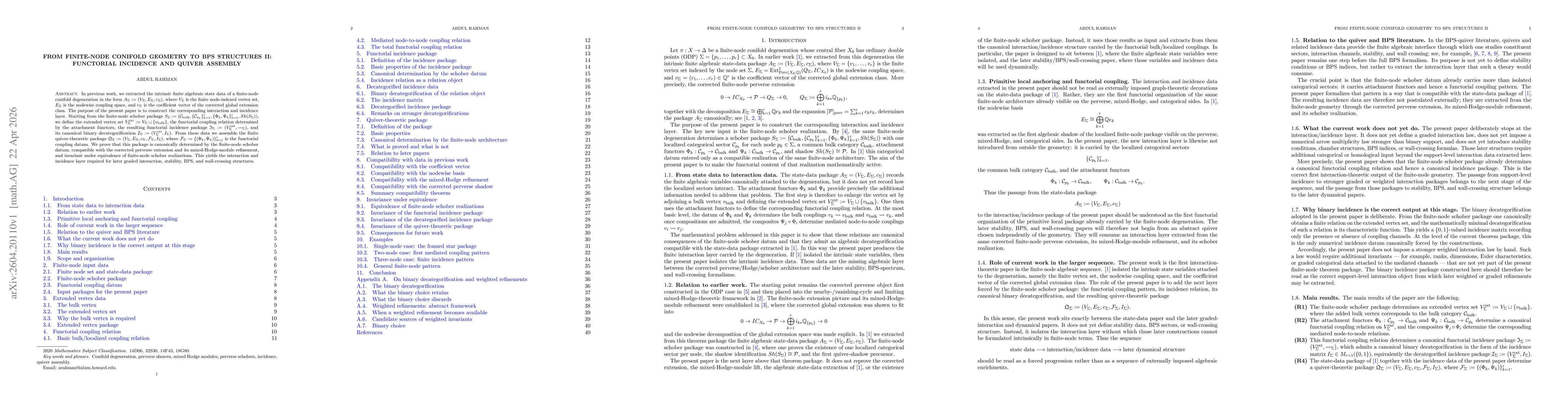 Thumbnail for From Finite-Node Conifold Geometry to BPS Structures II: Functorial Incidence and Quiver Assembly