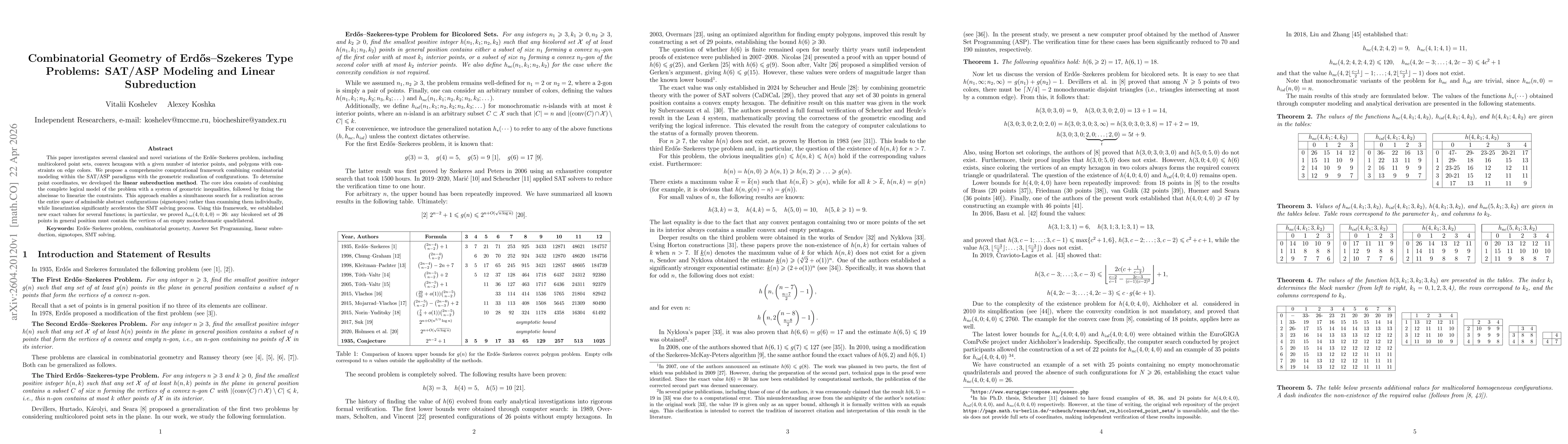 Thumbnail for Combinatorial Geometry of Erdős--Szekeres Type Problems: SAT/ASP Modeling and Linear Subreduction