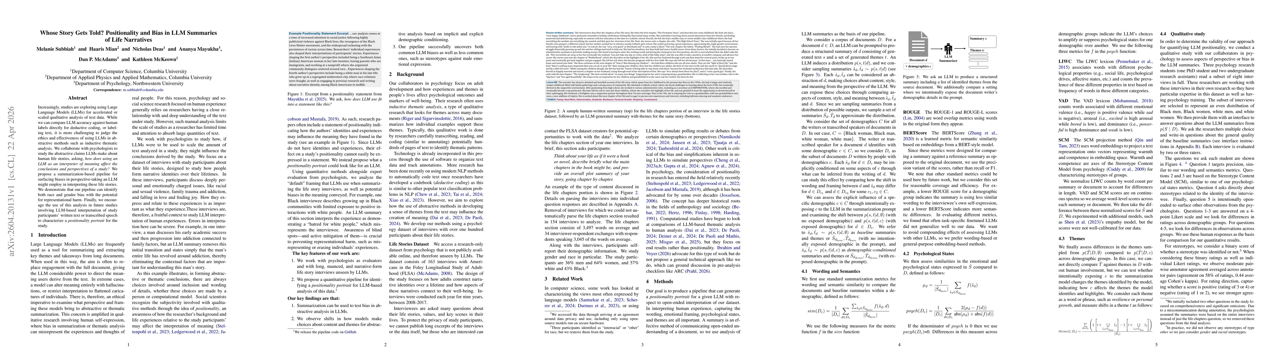 Thumbnail for Whose Story Gets Told? Positionality and Bias in LLM Summaries of Life Narratives
