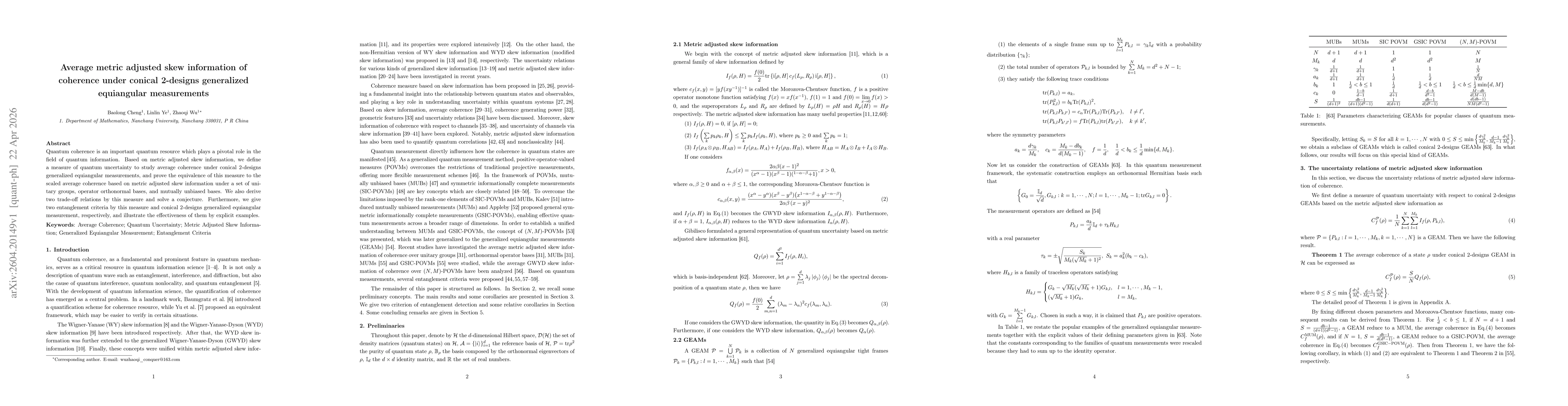 Thumbnail for Average metric adjusted skew information of coherence under conical 2-designs generalized equiangular measurements