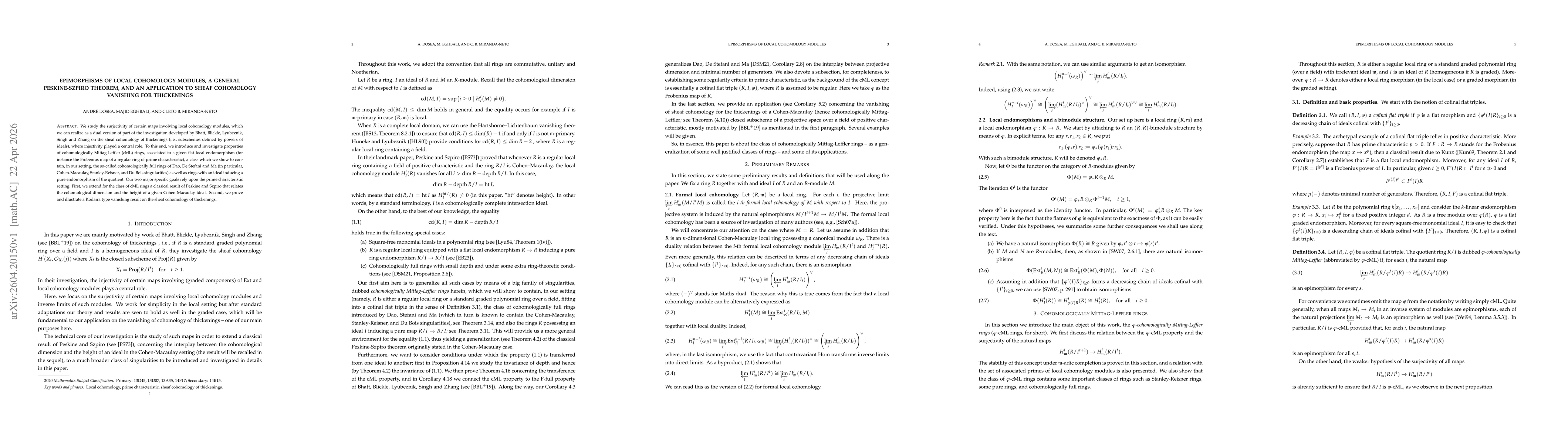 Thumbnail for Epimorphisms of local cohomology modules, a general Peskine-Szpiro theorem, and an application to sheaf cohomology vanishing for thickenings