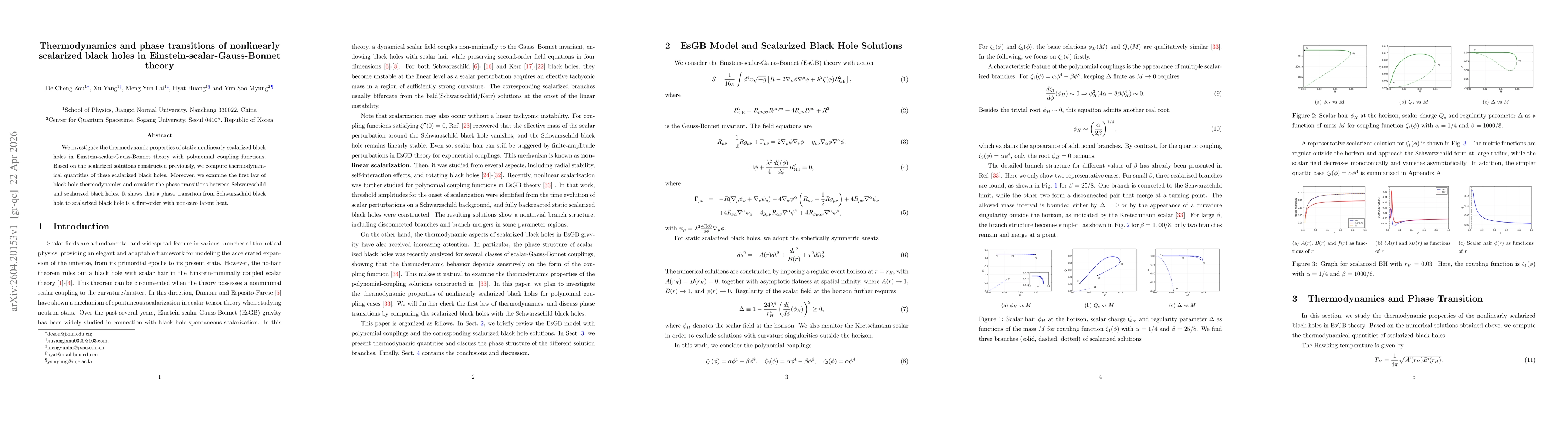 Thumbnail for Thermodynamics and phase transitions of nonlinearly scalarized black holes in Einstein-scalar-Gauss-Bonnet theory