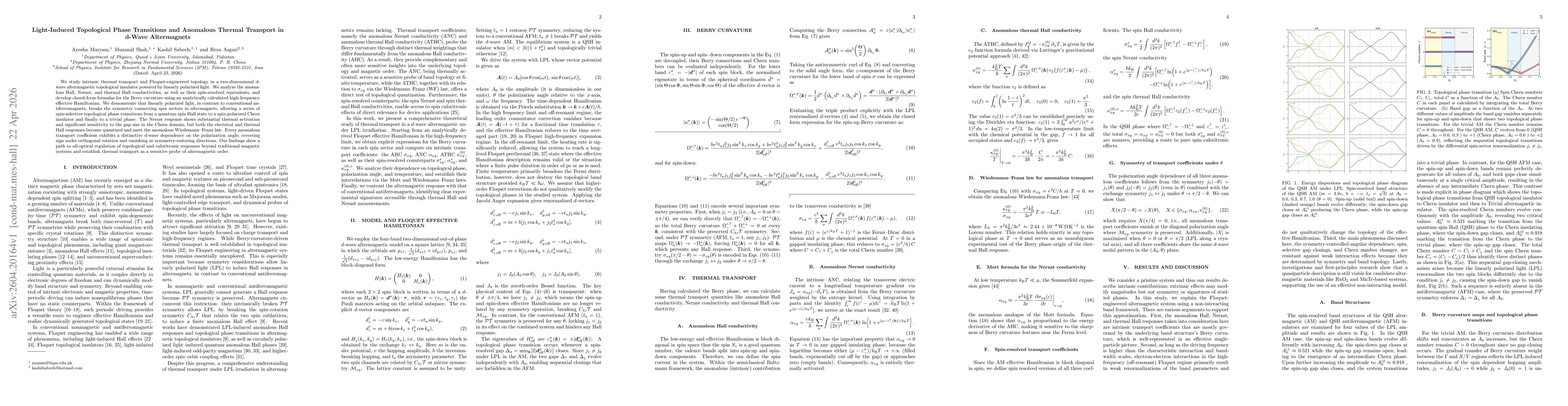 Thumbnail for Light-Induced Topological Phase Transitions and Anomalous Thermal Transport in d-Wave Altermagnets