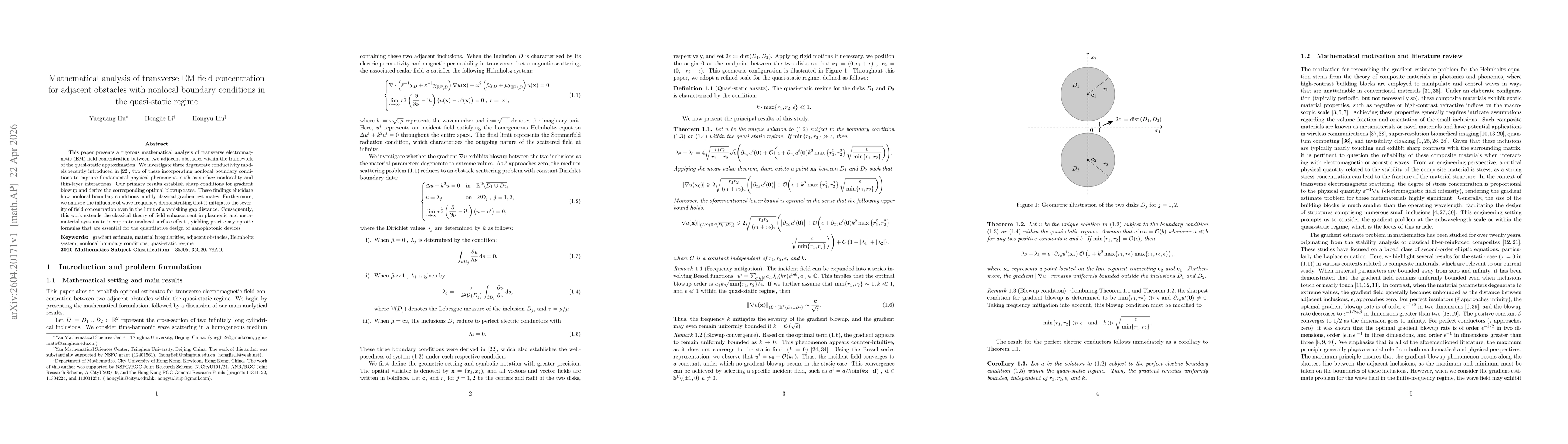 Thumbnail for Mathematical analysis of transverse EM field concentration for adjacent obstacles with nonlocal boundary conditions in the quasistatic regime