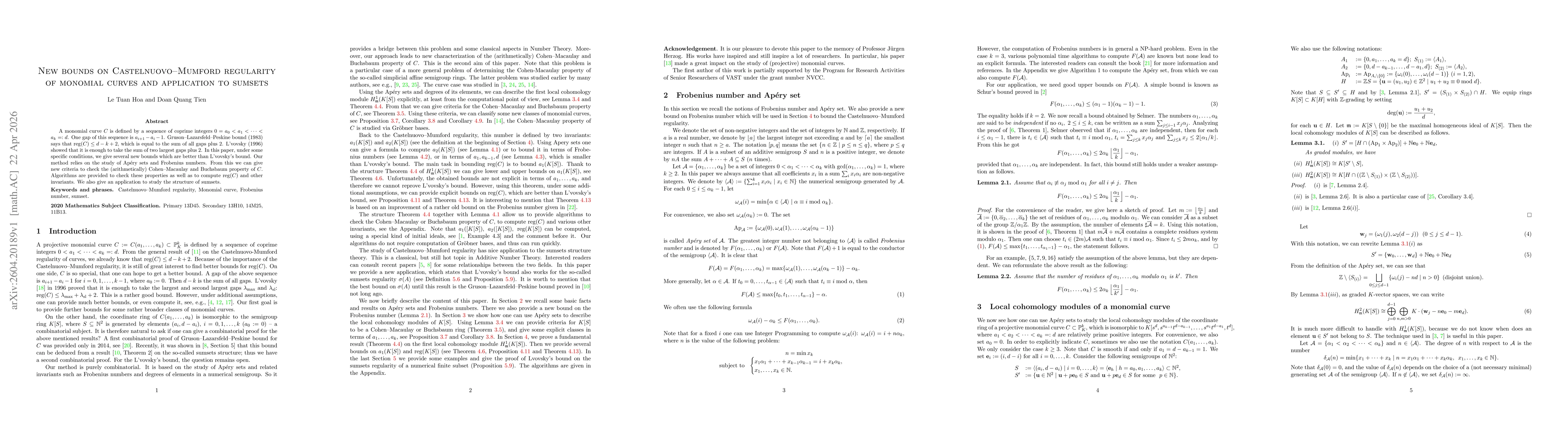 Thumbnail for New bounds on Castelnuovo--Mumford regularity of monomial curves and application to sumsets