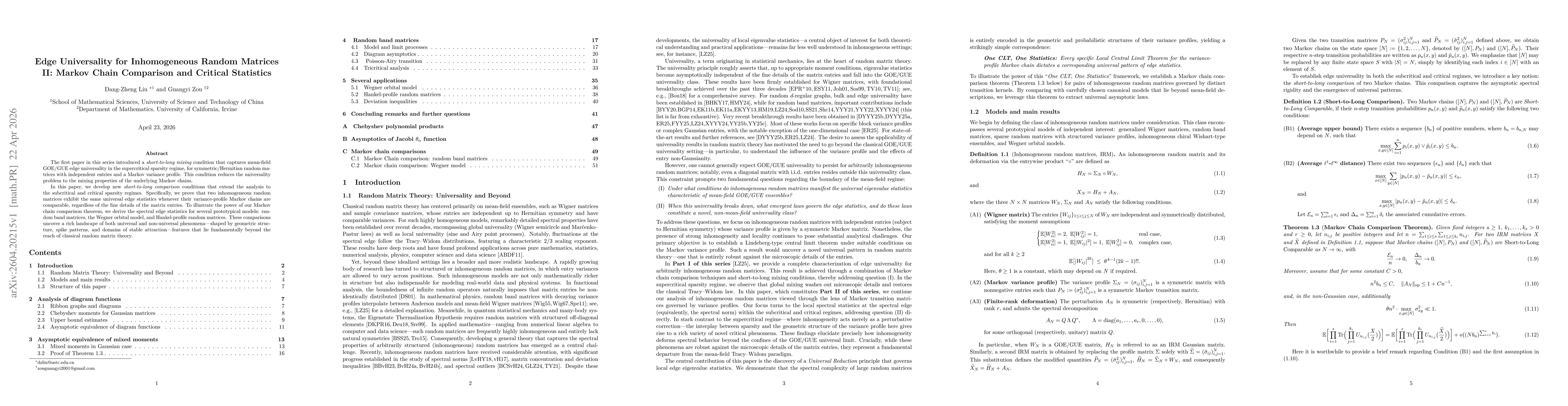 Thumbnail for Edge Universality for Inhomogeneous Random Matrices II: Markov Chain Comparison and Critical Statistics