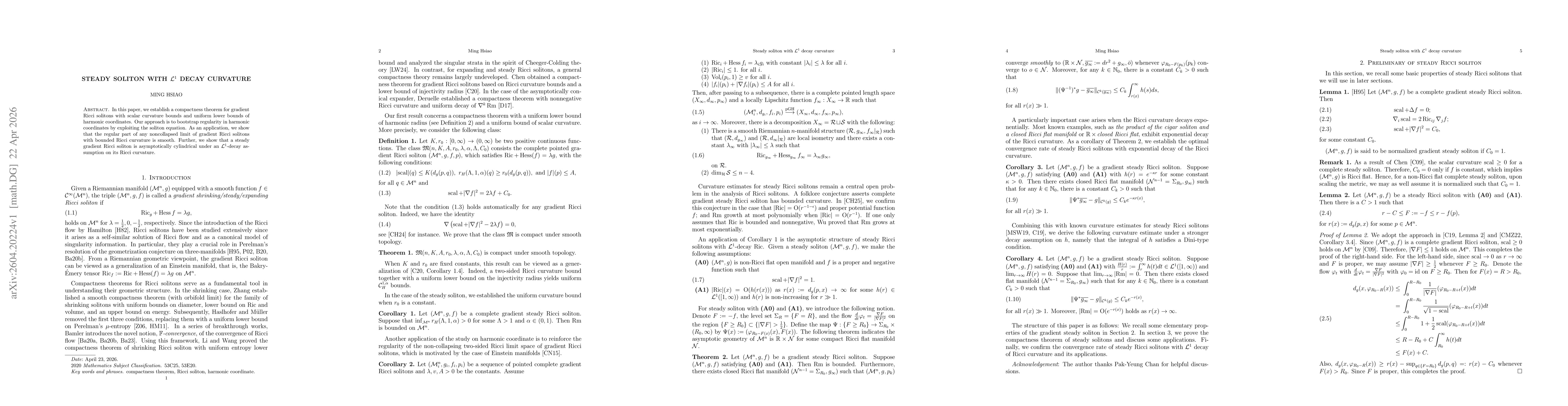 Thumbnail for Steady soliton with $\mathcal{L}^{1}$ decay curvature