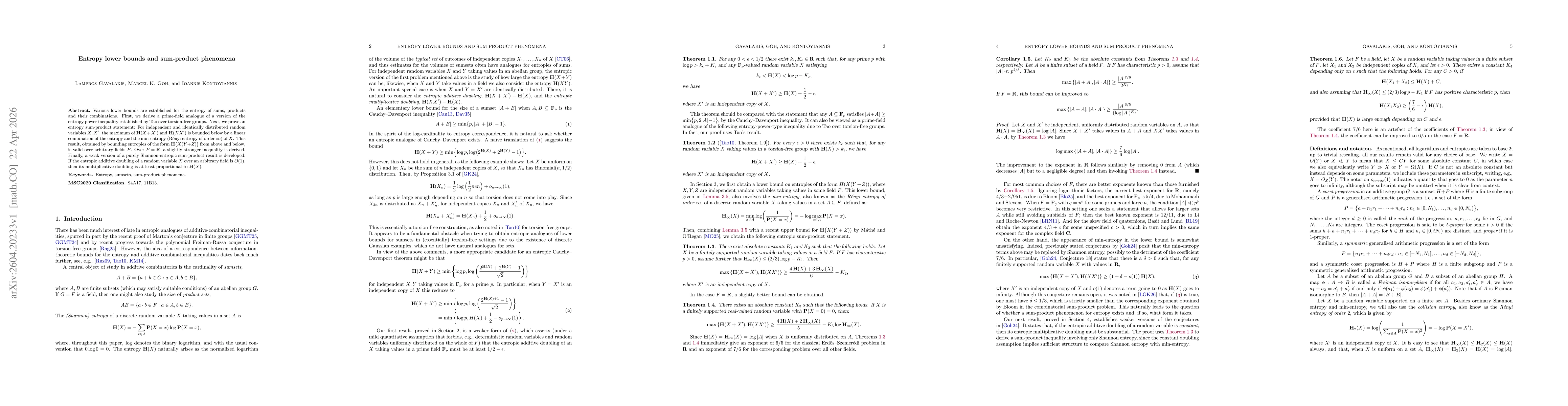Thumbnail for Entropy lower bounds and sum-product phenomena