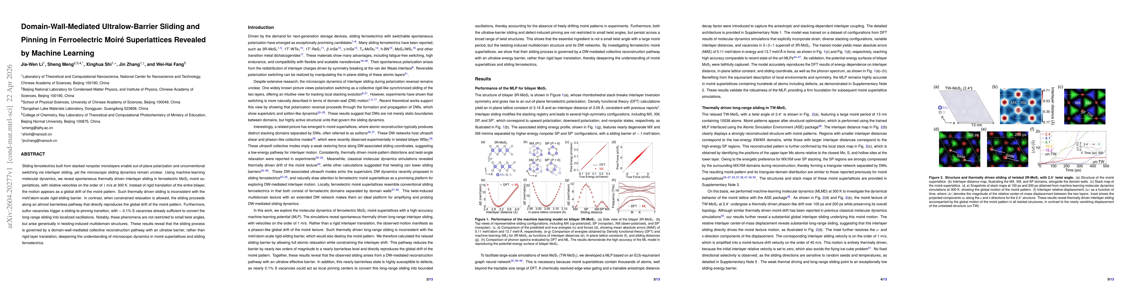 Thumbnail for Domain-Wall-Mediated Ultralow-Barrier Sliding and Pinning in Ferroelectric Moiré Superlattices Revealed by Machine Learning