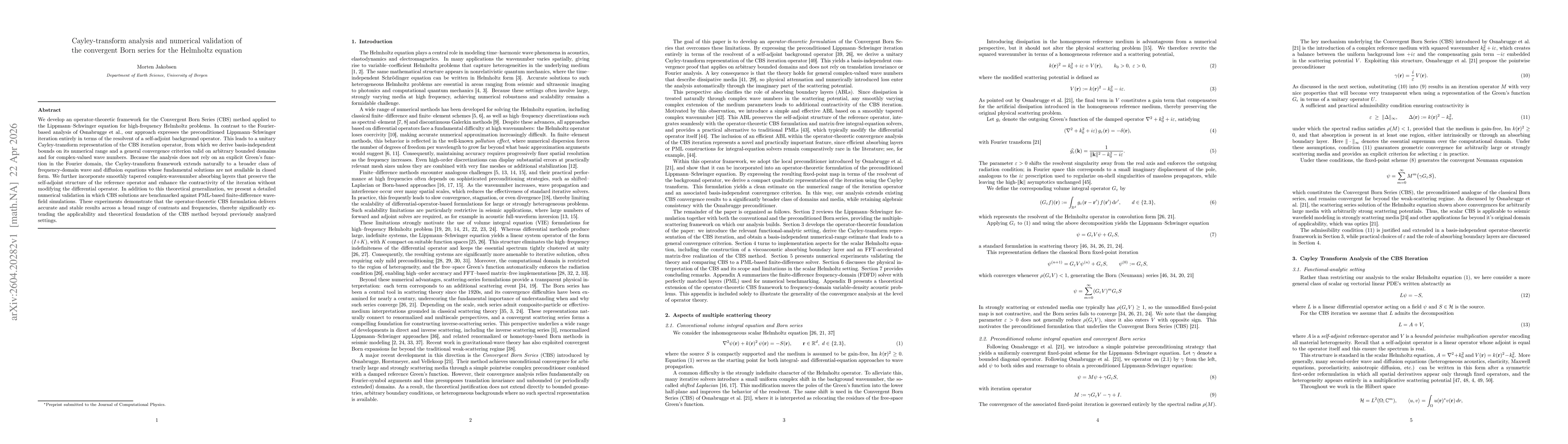 Thumbnail for Cayley-transform analysis and numerical validation of the convergent Born series for the Helmholtz equation