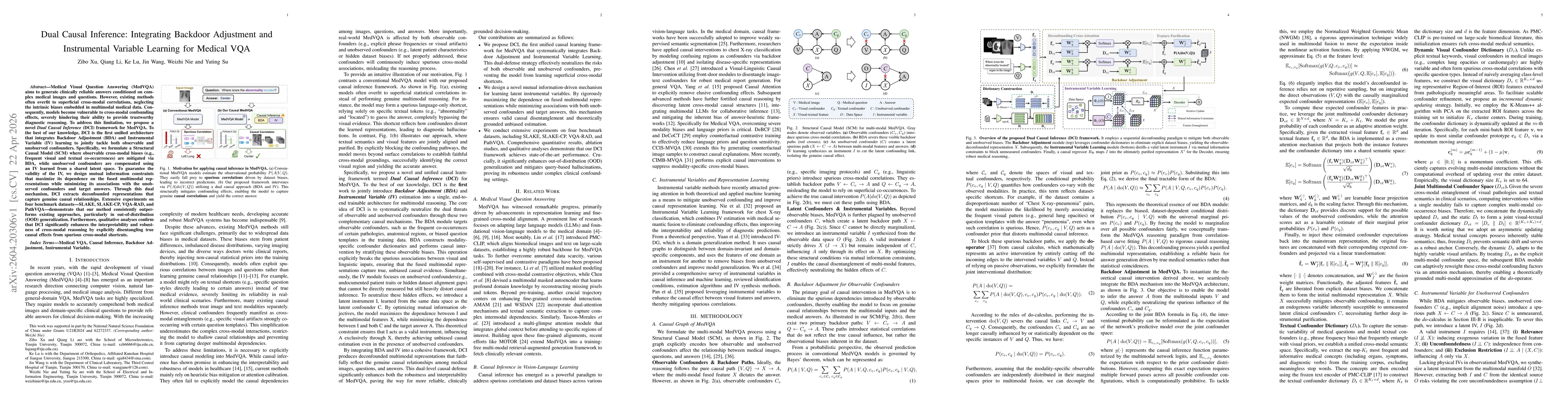 Thumbnail for Dual Causal Inference: Integrating Backdoor Adjustment and Instrumental Variable Learning for Medical VQA