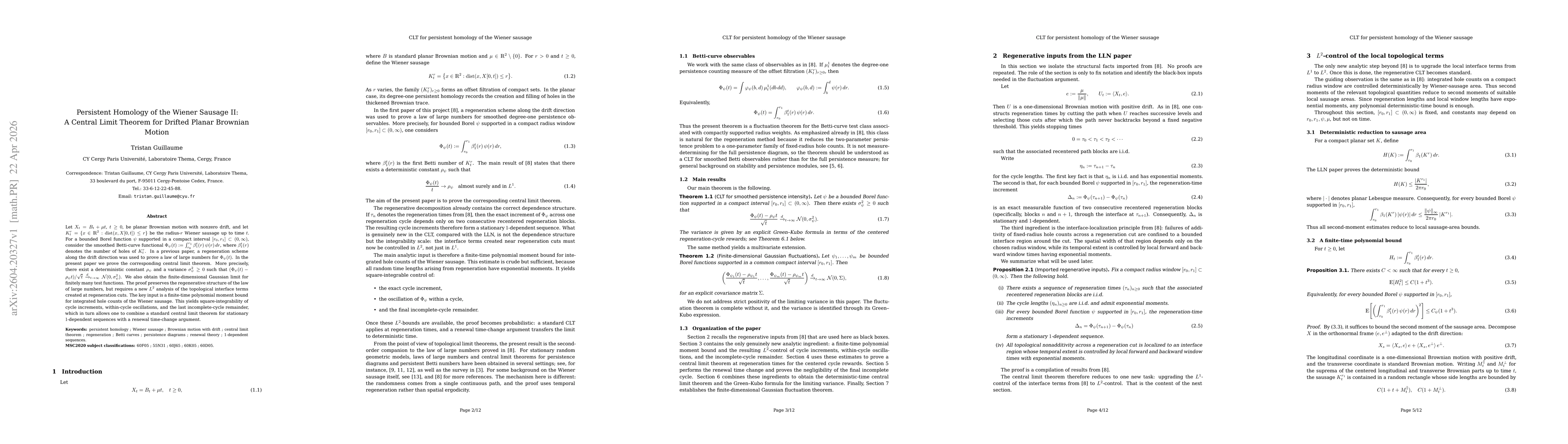 Thumbnail for Persistent Homology of the Wiener Sausage II: A Central Limit Theorem for Drifted Planar Brownian Motion