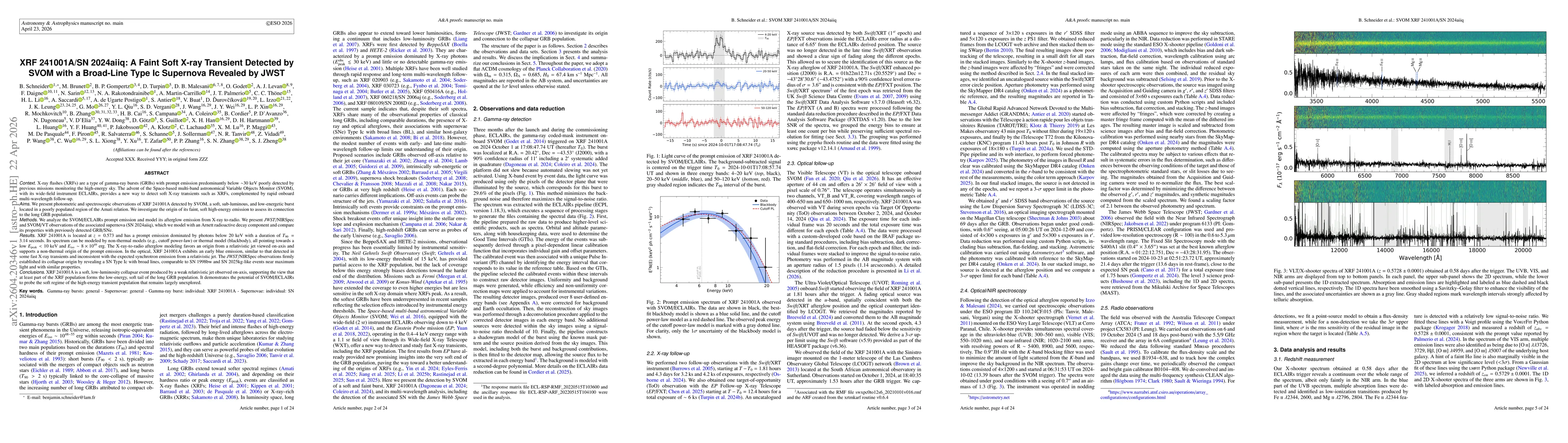 Thumbnail for XRF 241001A/SN 2024aiiq: A Faint Soft X-ray Transient Detected by SVOM with a Broad-Line Type Ic Supernova Revealed by JWST