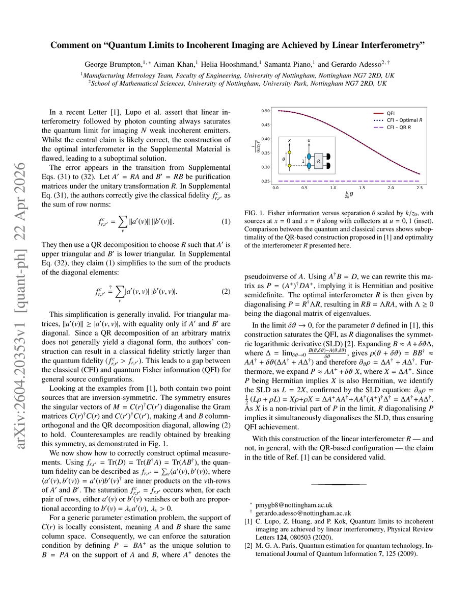 Thumbnail for Comment on "Quantum Limits to Incoherent Imaging are Achieved by Linear Interferometry"