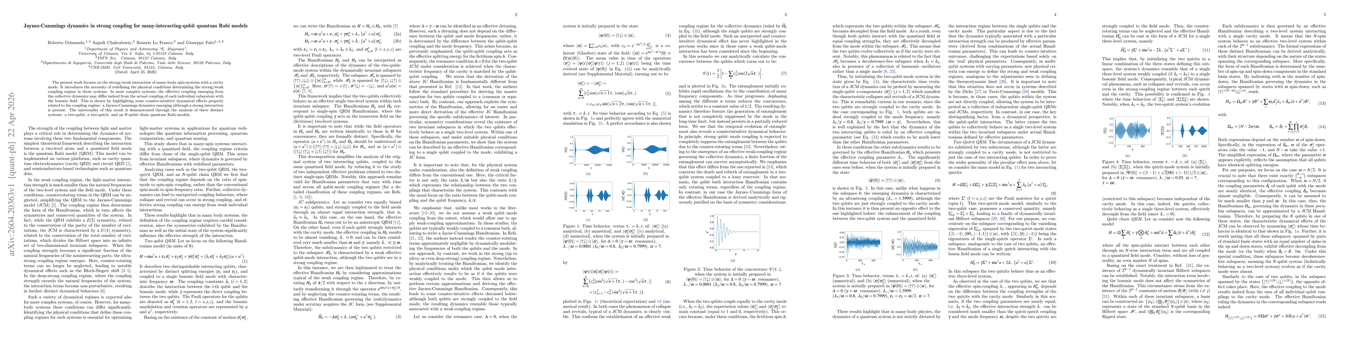 Thumbnail for Jaynes-Cummings dynamics in strong coupling for many-interacting-qubit quantum Rabi models
