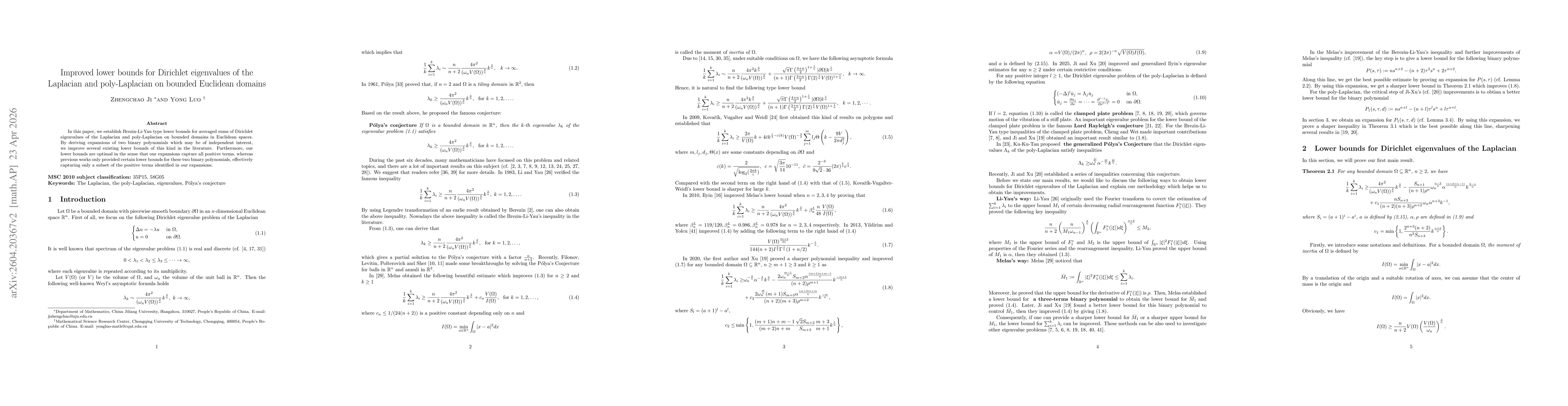 Thumbnail for Improved lower bounds for eigenvalues of the Laplacian on bounded Euclidean domains