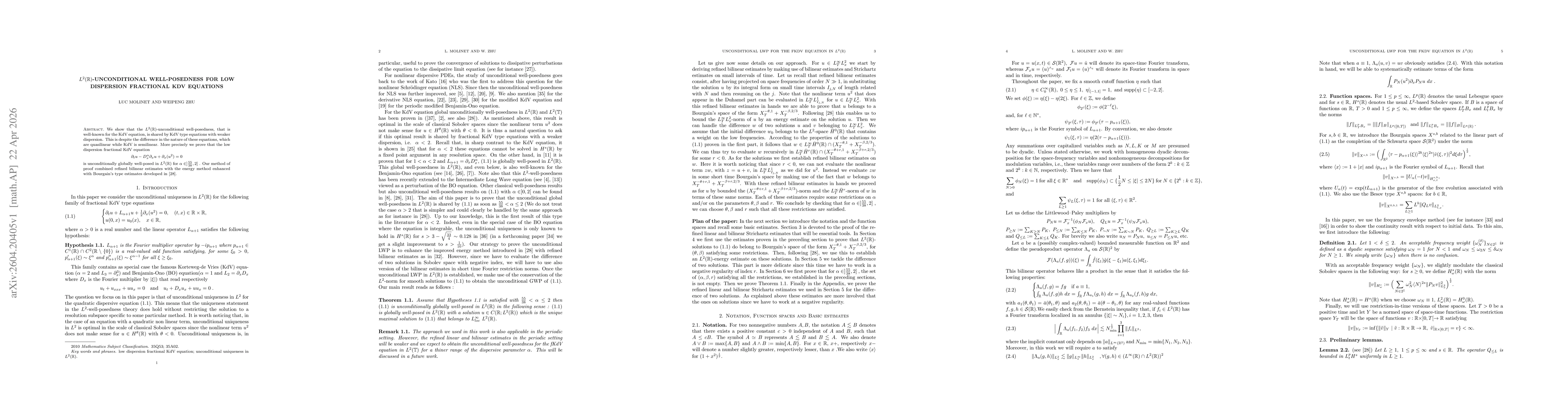Thumbnail for $L^2({\mathbb R}) $-Unconditional well-posedness for low dispersion fractional KdV equations