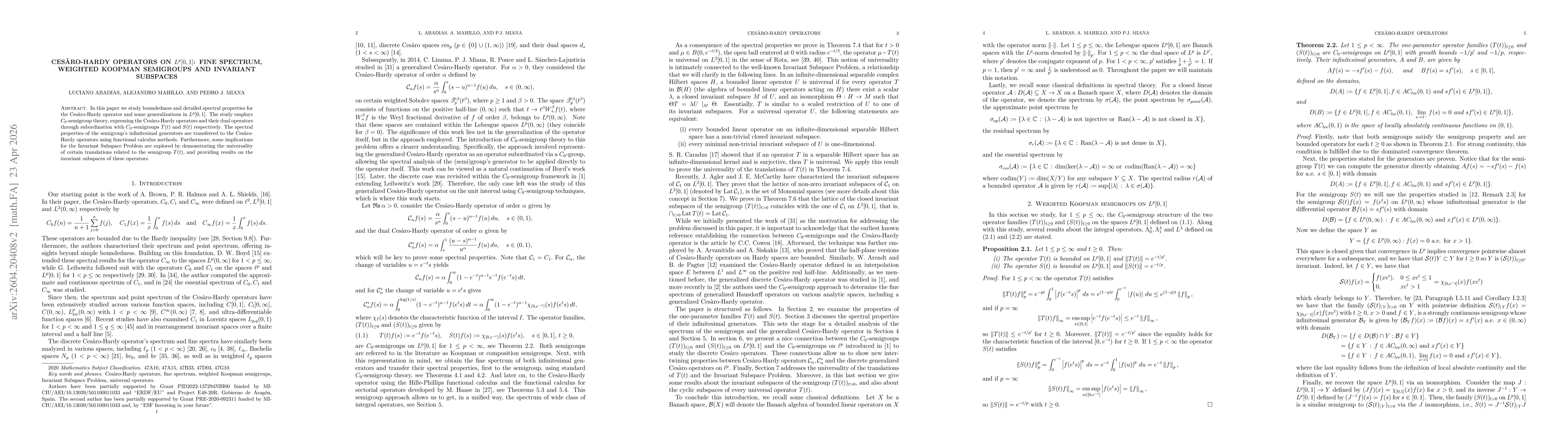 Thumbnail for Cesàro-Hardy operators on $L^p[0,1]$: fine spectrum, weighted Koopman semigroups and invariant subspaces