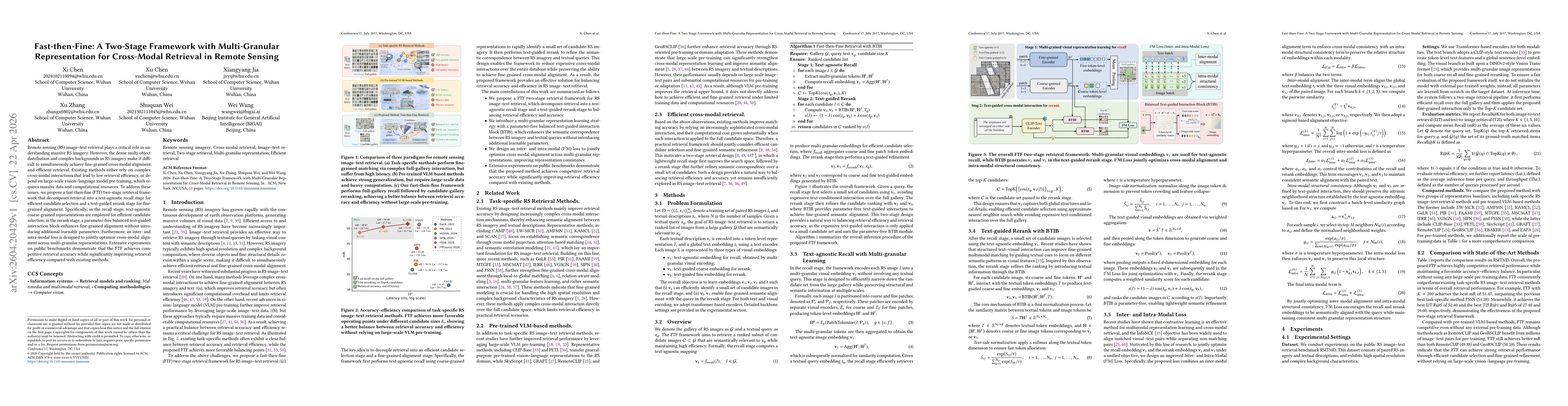 Thumbnail for Fast-then-Fine: A Two-Stage Framework with Multi-Granular Representation for Cross-Modal Retrieval in Remote Sensing